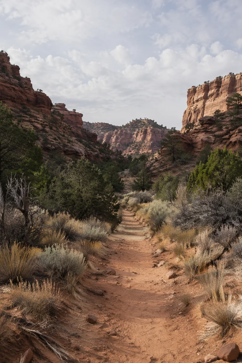 Winding Desert Canyon Path With Evergreens