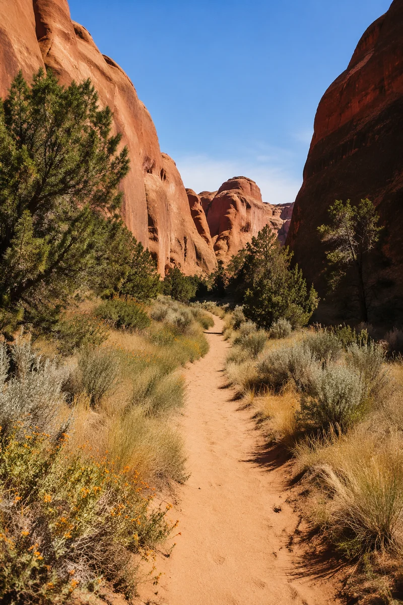 Desert Path Through Evergreen Canyon Oasis