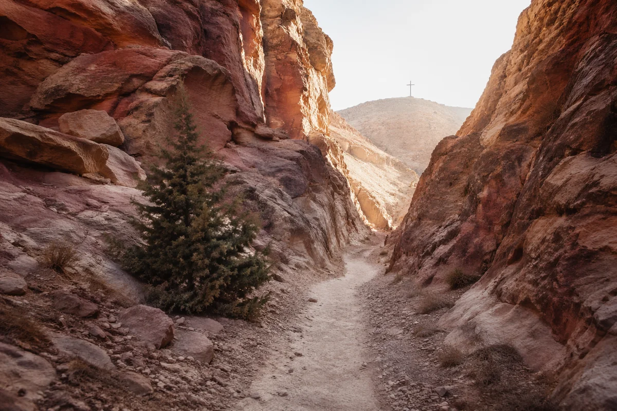 Evergreen Hope Along a Desert Canyon Path