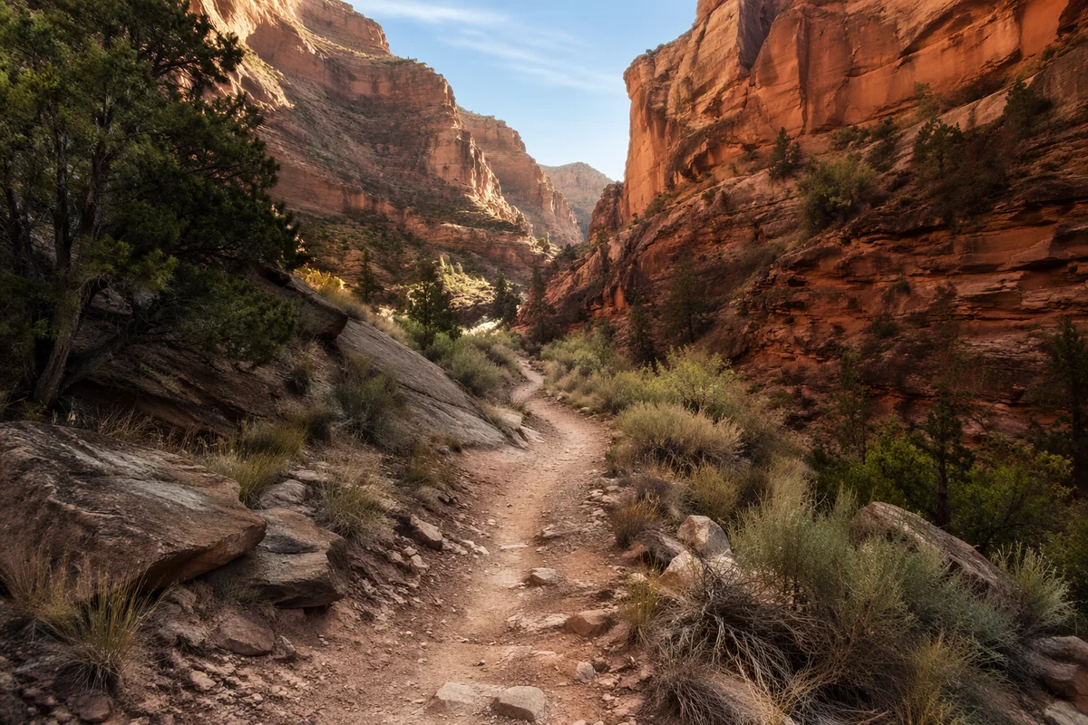 Evergreen Desert Path Through Sandstone Canyon