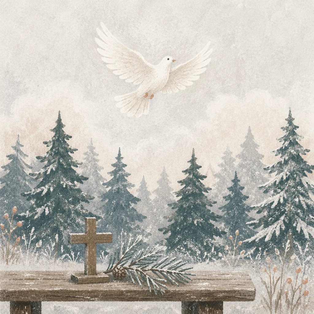 White Dove Over Winter Evergreen Pines