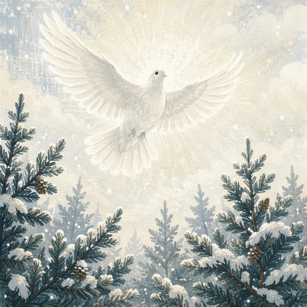 White Dove Above Snowy Evergreen Pines
