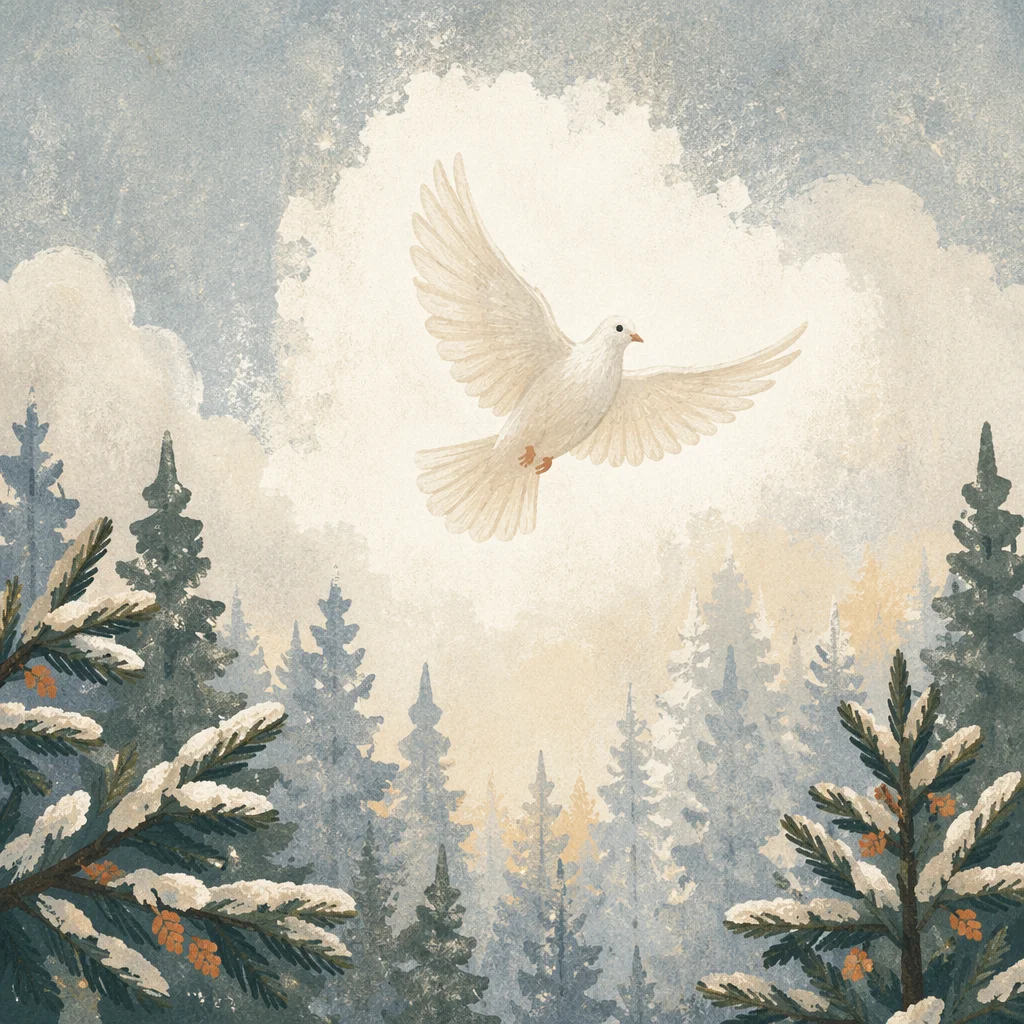 White Dove Above Snowy Evergreen Forest