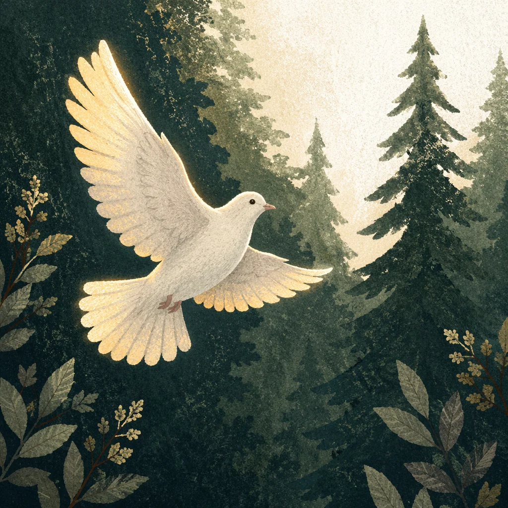 White Dove Flying Over Evergreen Forest