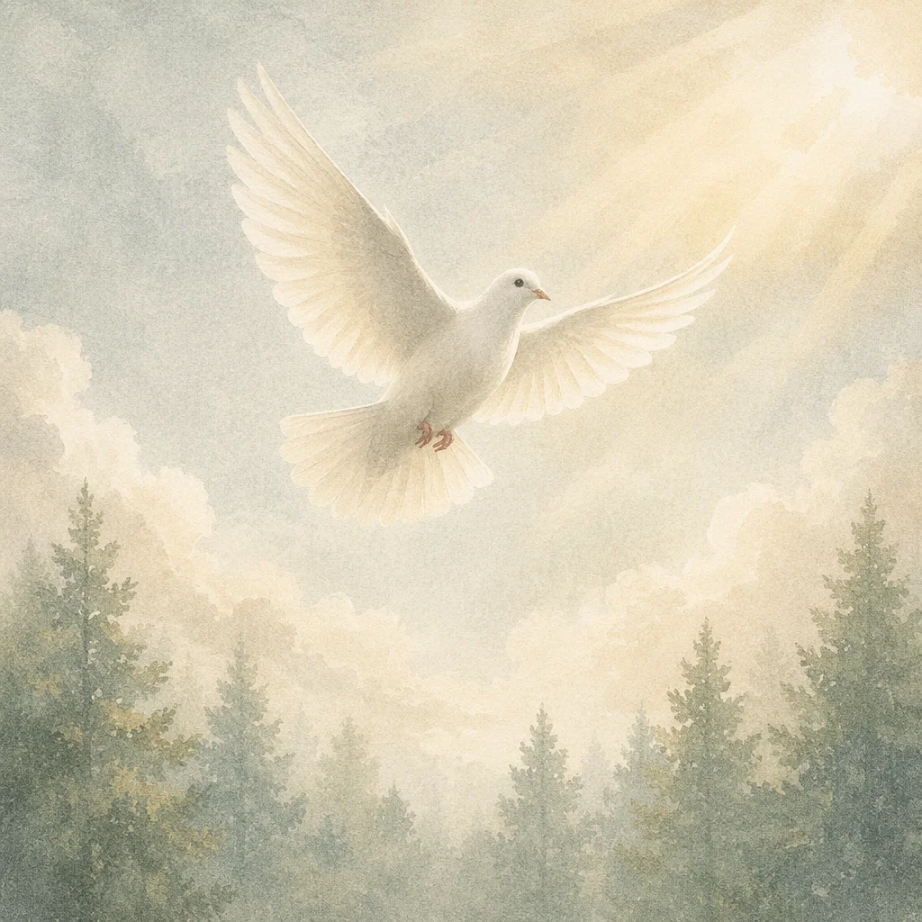 White Dove Rising Above Evergreen Sky