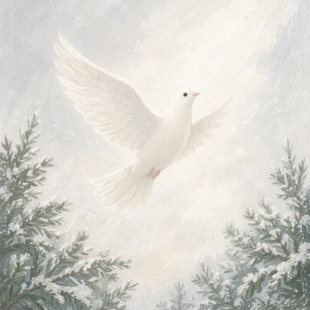 White Dove Ascending Through Winter Evergreens