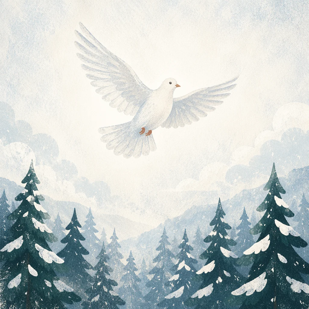 White Dove Over Snowy Evergreen Grove