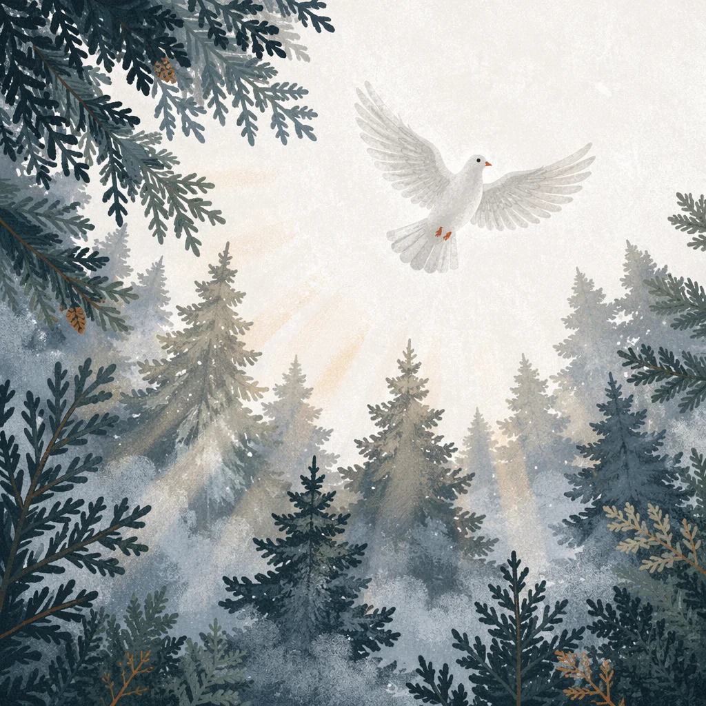 White Dove Above Evergreen Winter Forest