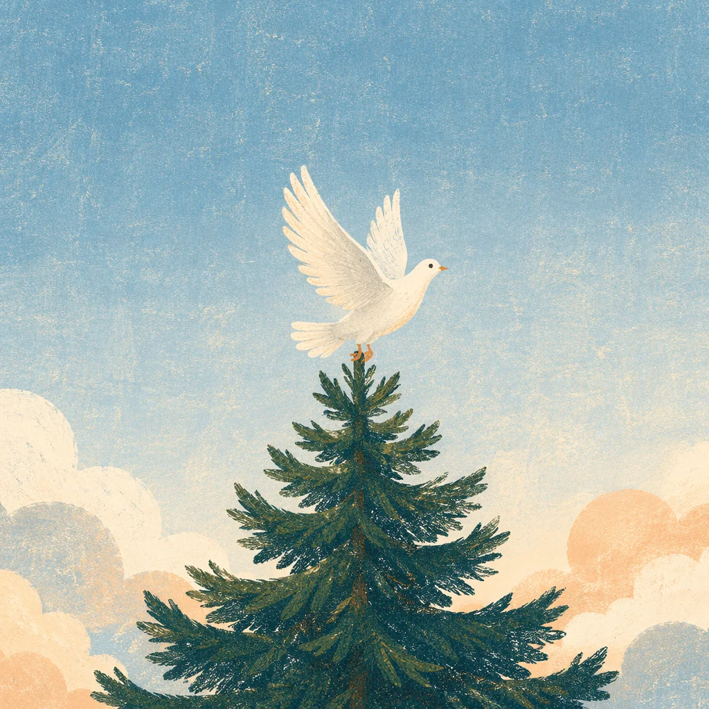 White Dove Rising Above Evergreen