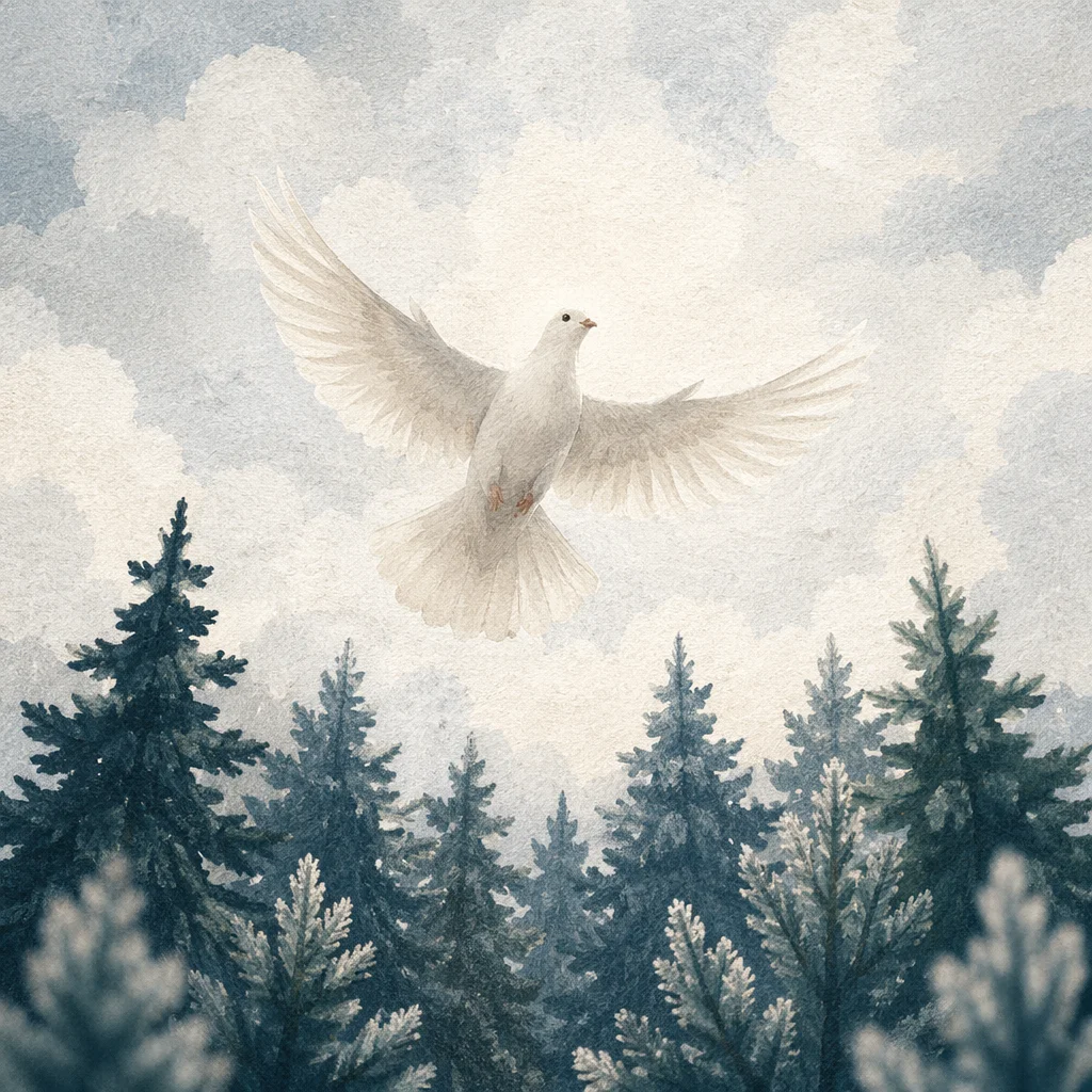 White Dove Above Winter Evergreen Pines