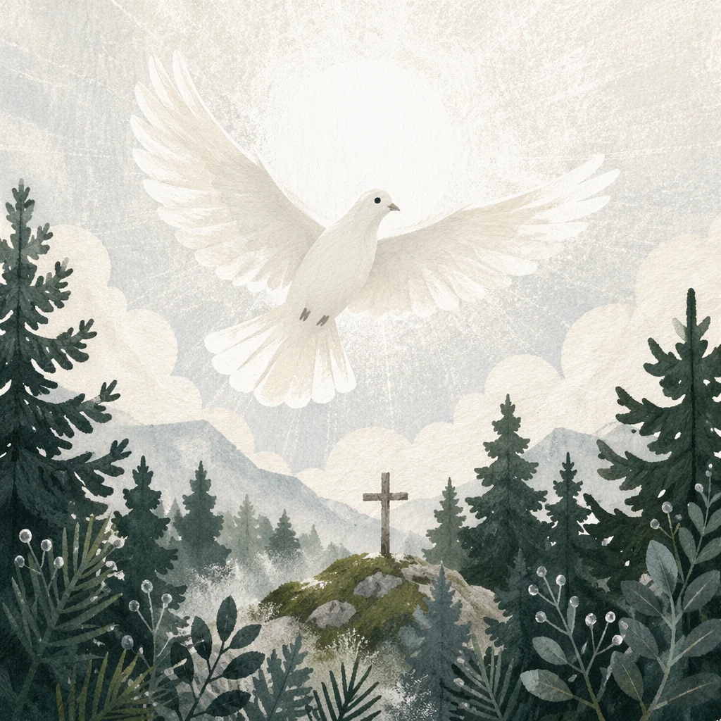 White Dove Above Evergreen Cross