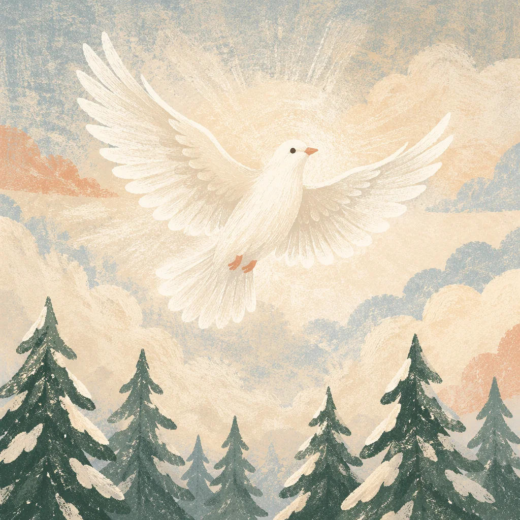 White Dove Rising Over Snowy Evergreens