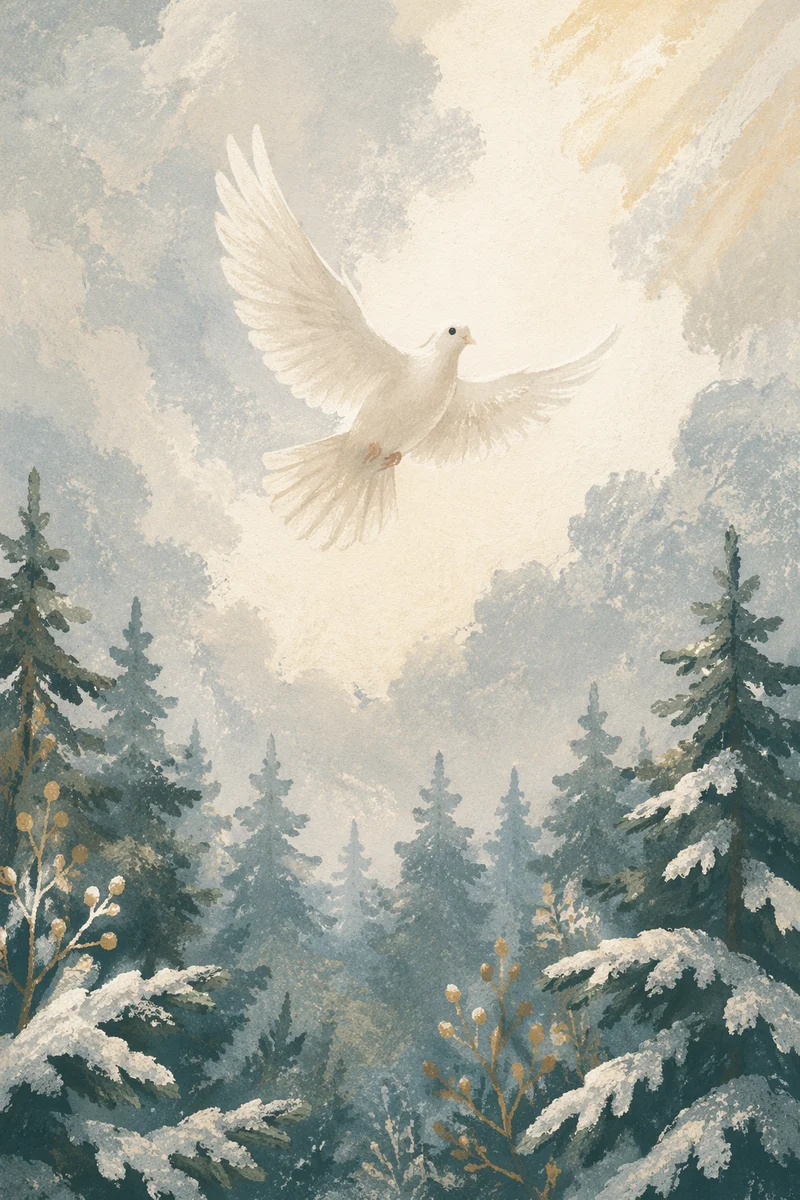White Dove Above Snowy Evergreen Forest