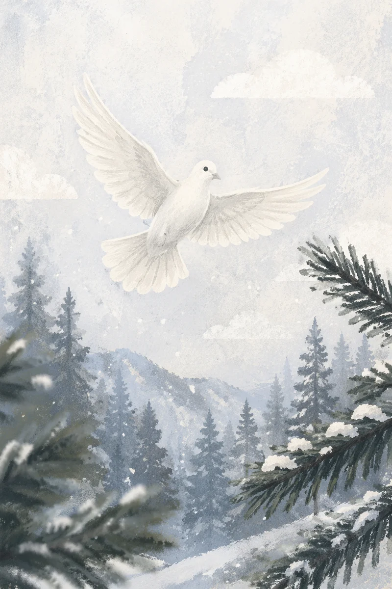 White Dove Above Evergreen Pines