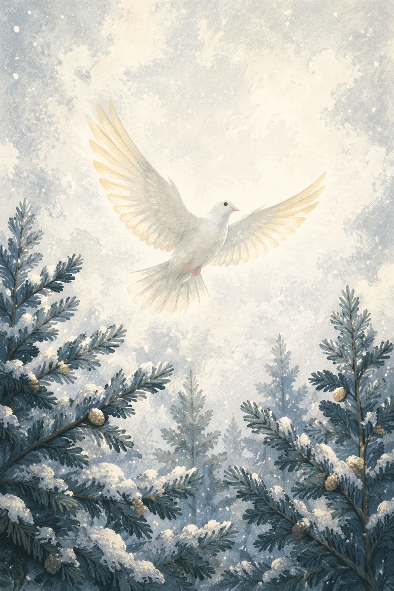 White Dove Rising Over Snowy Evergreens