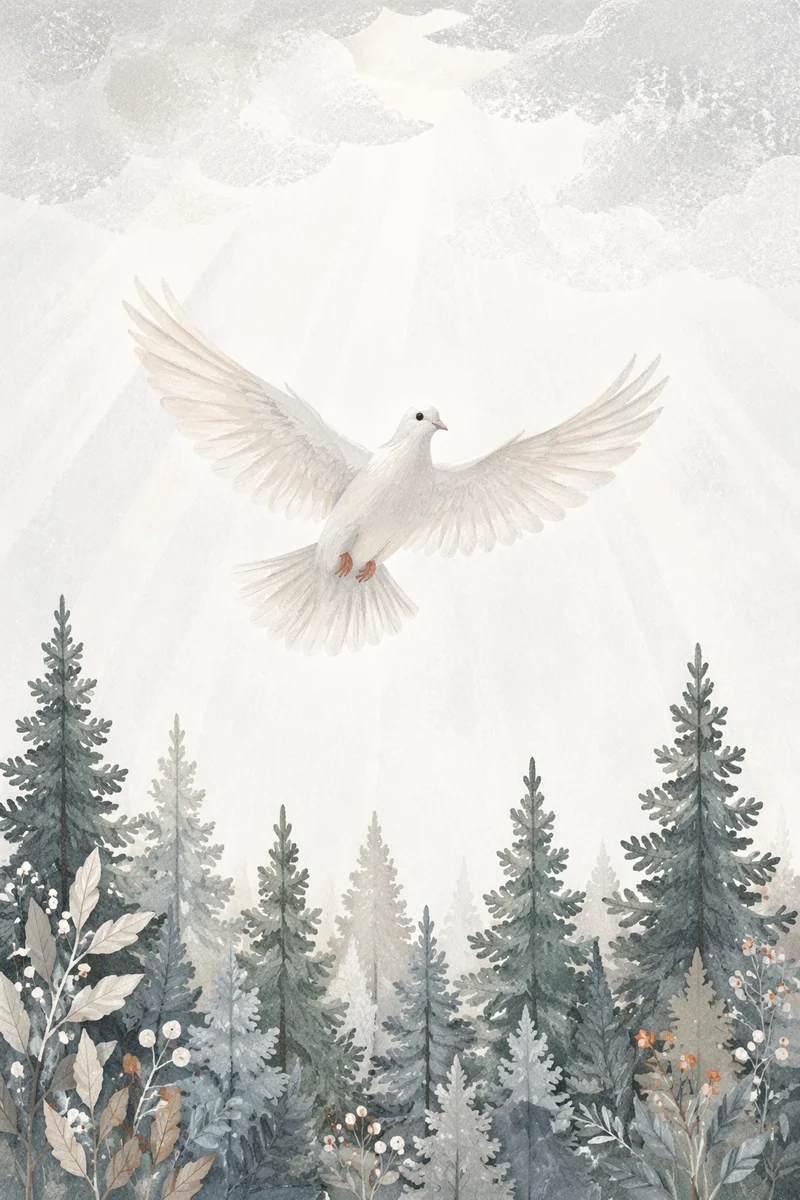 White Dove Rising Over Evergreen Forest