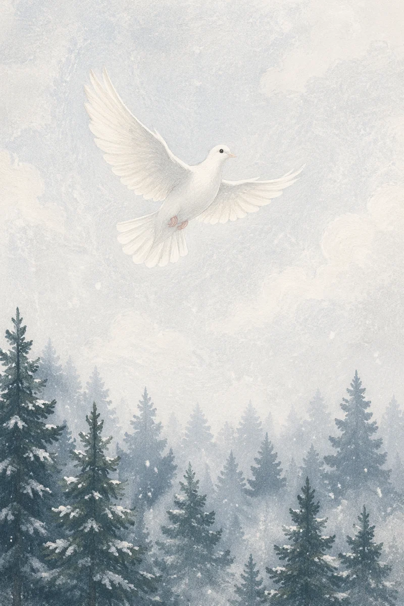 White Dove Above Evergreen Winter Sky