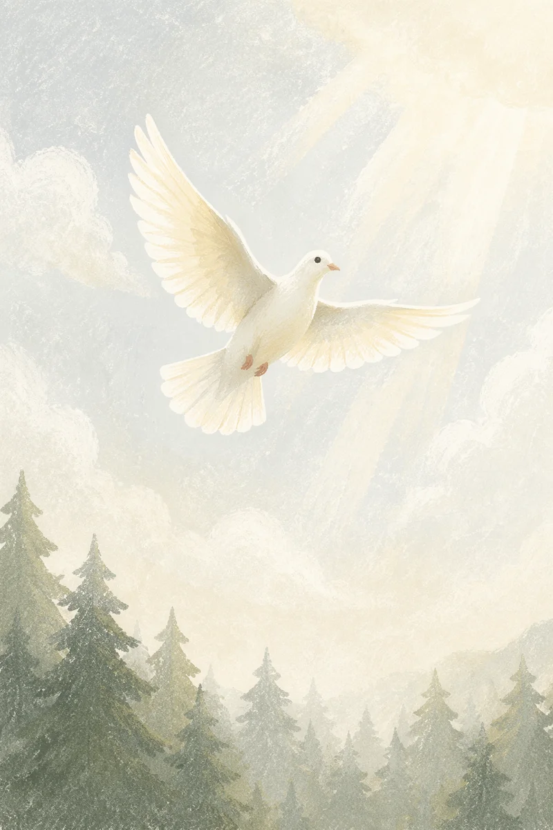 White Dove Rising Above Evergreen Mist