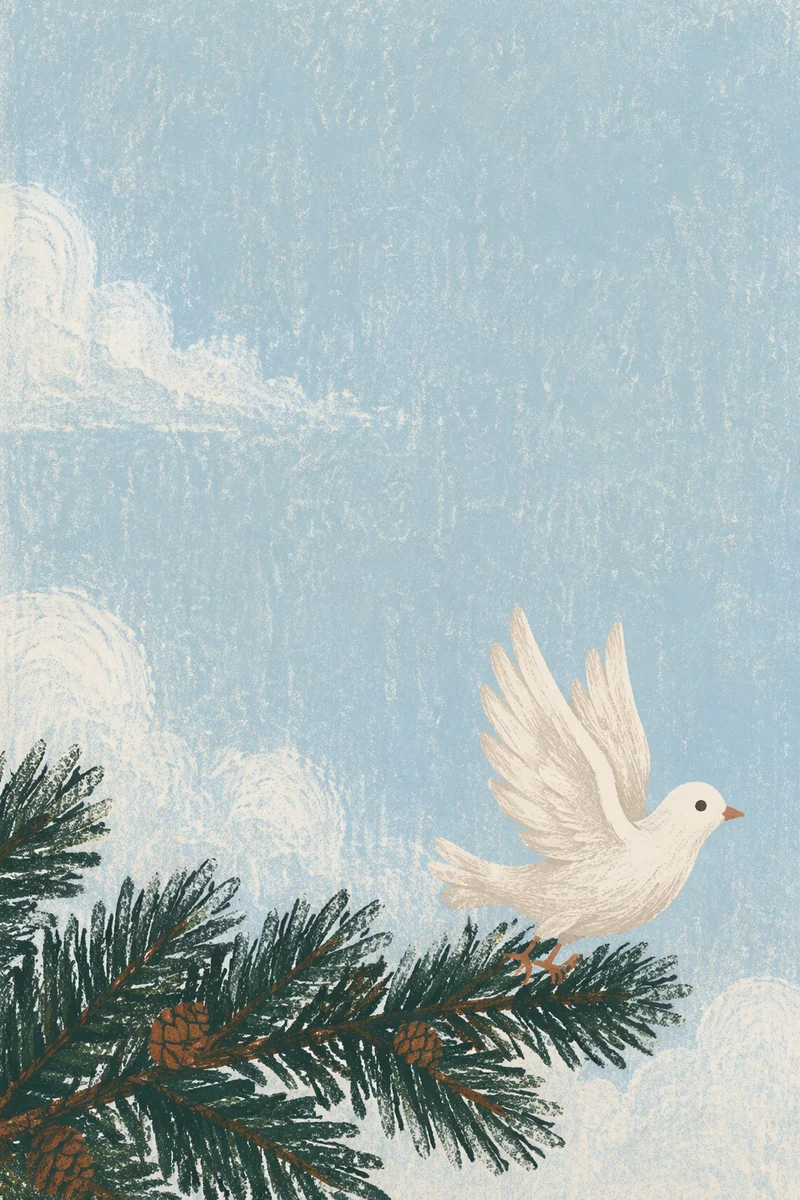 White Dove Rising from Evergreen Branch