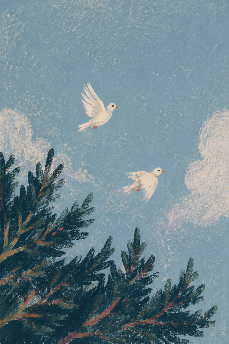 White Doves Rising Above Evergreen Sky