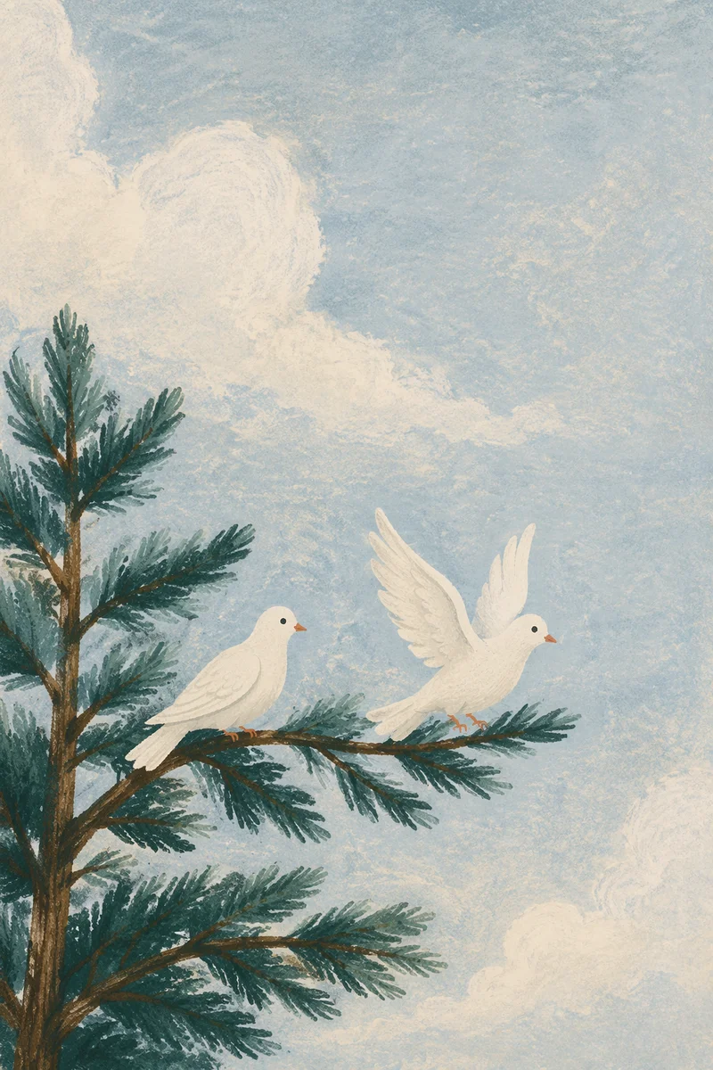 White Doves Resting in Evergreen Sky