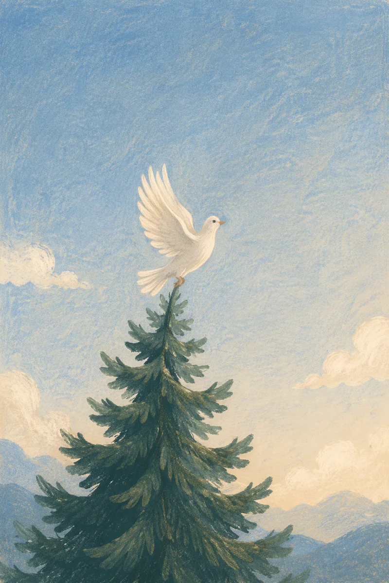 White Dove Rising Above Evergreen Tree