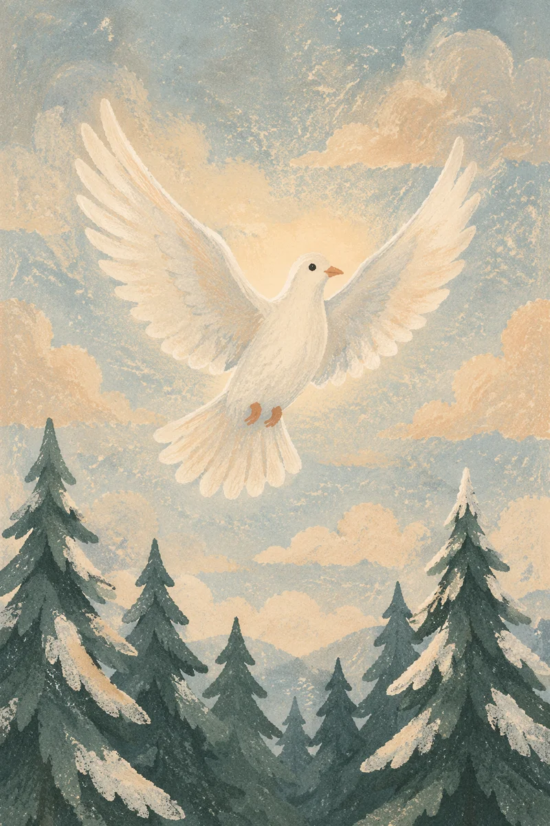 White Dove Rising Over Winter Pines