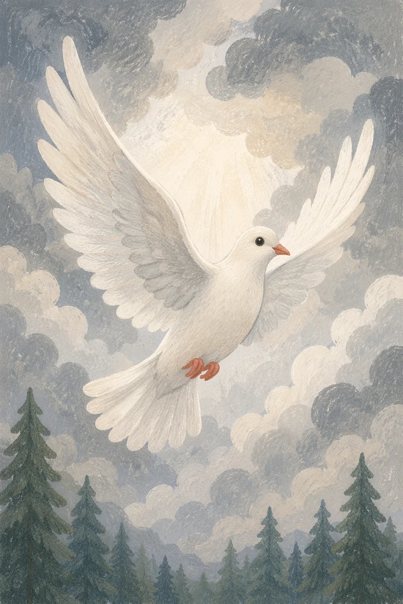 White Dove Rising Through Stormy Sky