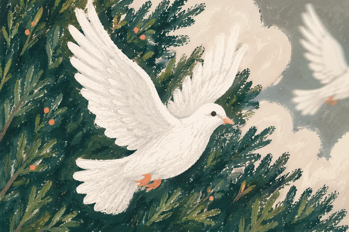 White Dove Flying Through Evergreen Light