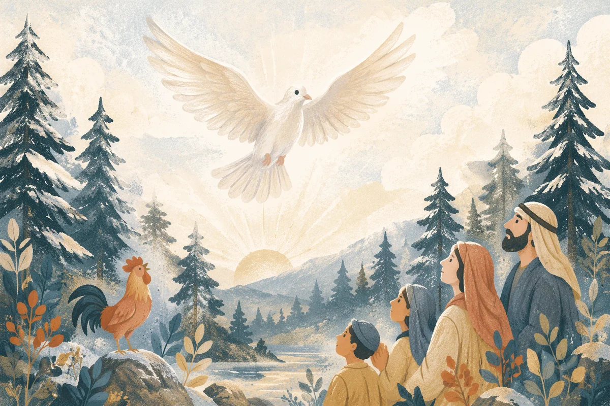 White Dove Rising Above Evergreen Pines