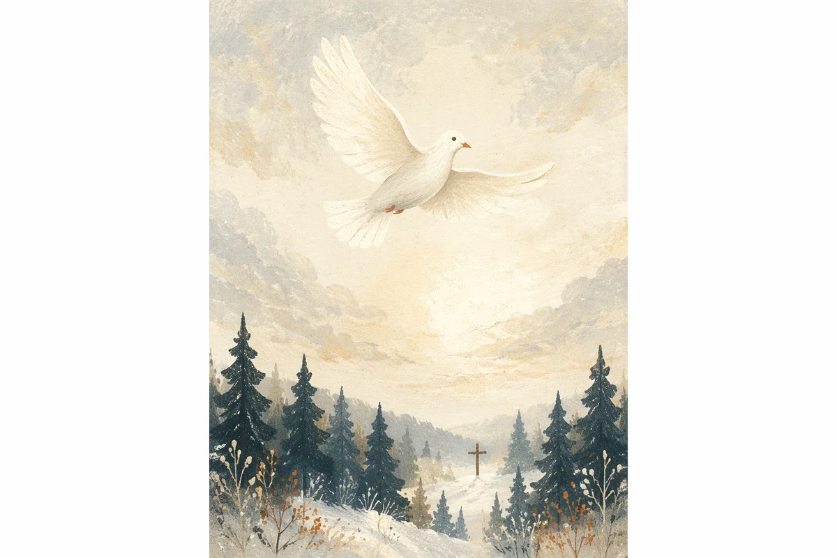 White Dove Above Evergreen Cross