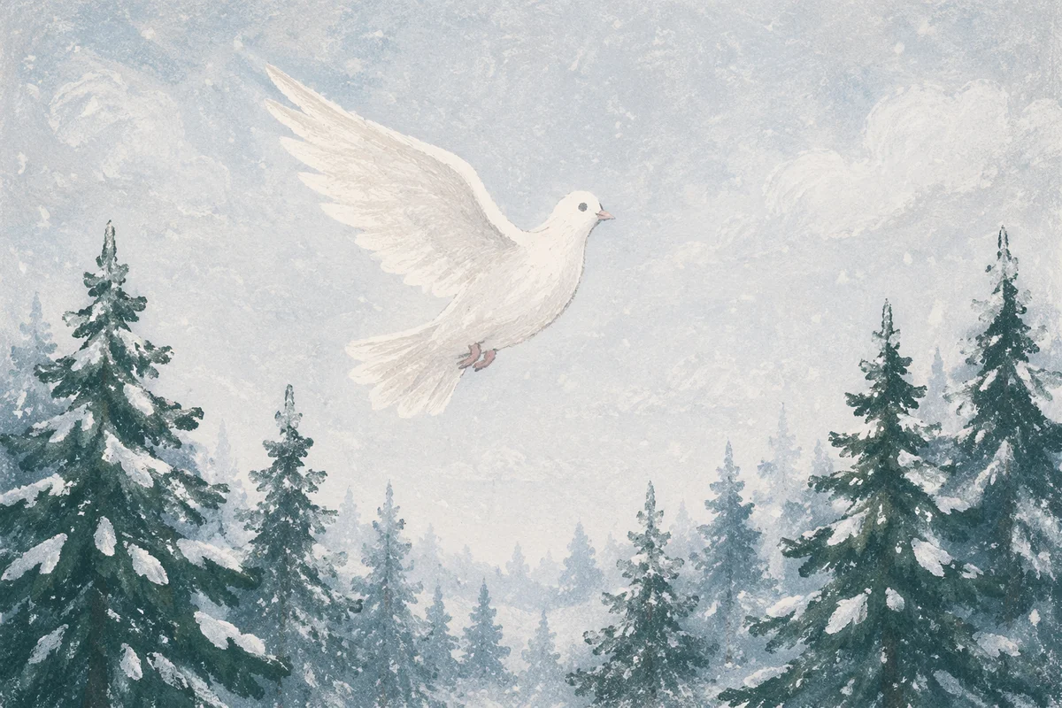 White Dove Above Snowy Evergreen Forest