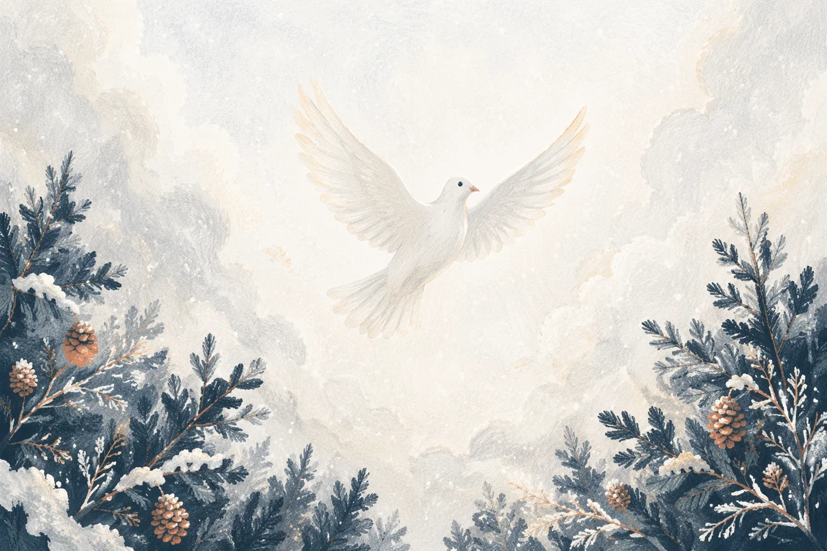 White Dove Rising Through Winter Pines