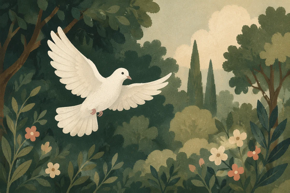 White Dove Flying Over Evergreen Garden