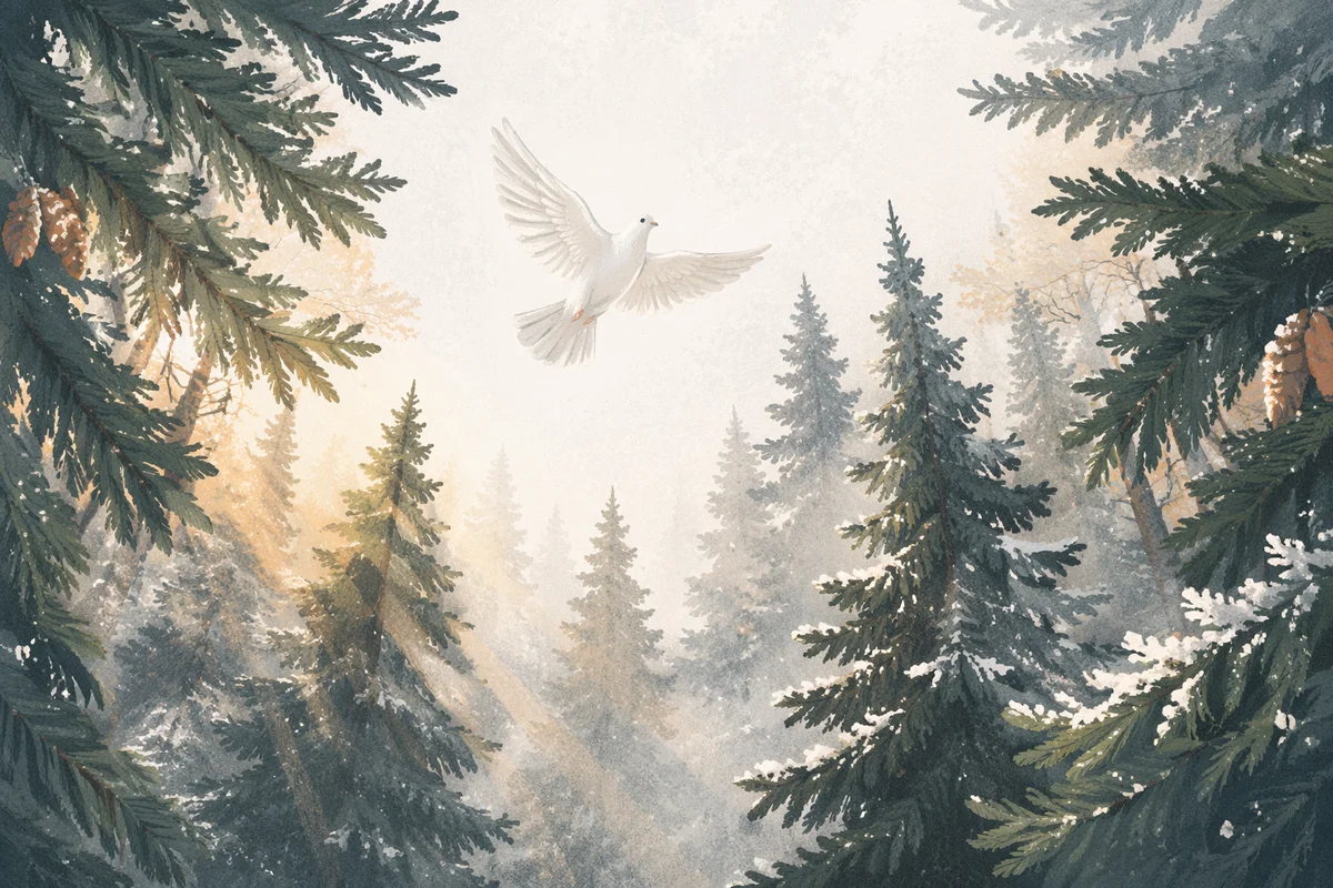 White Dove Above Evergreen Winter Forest