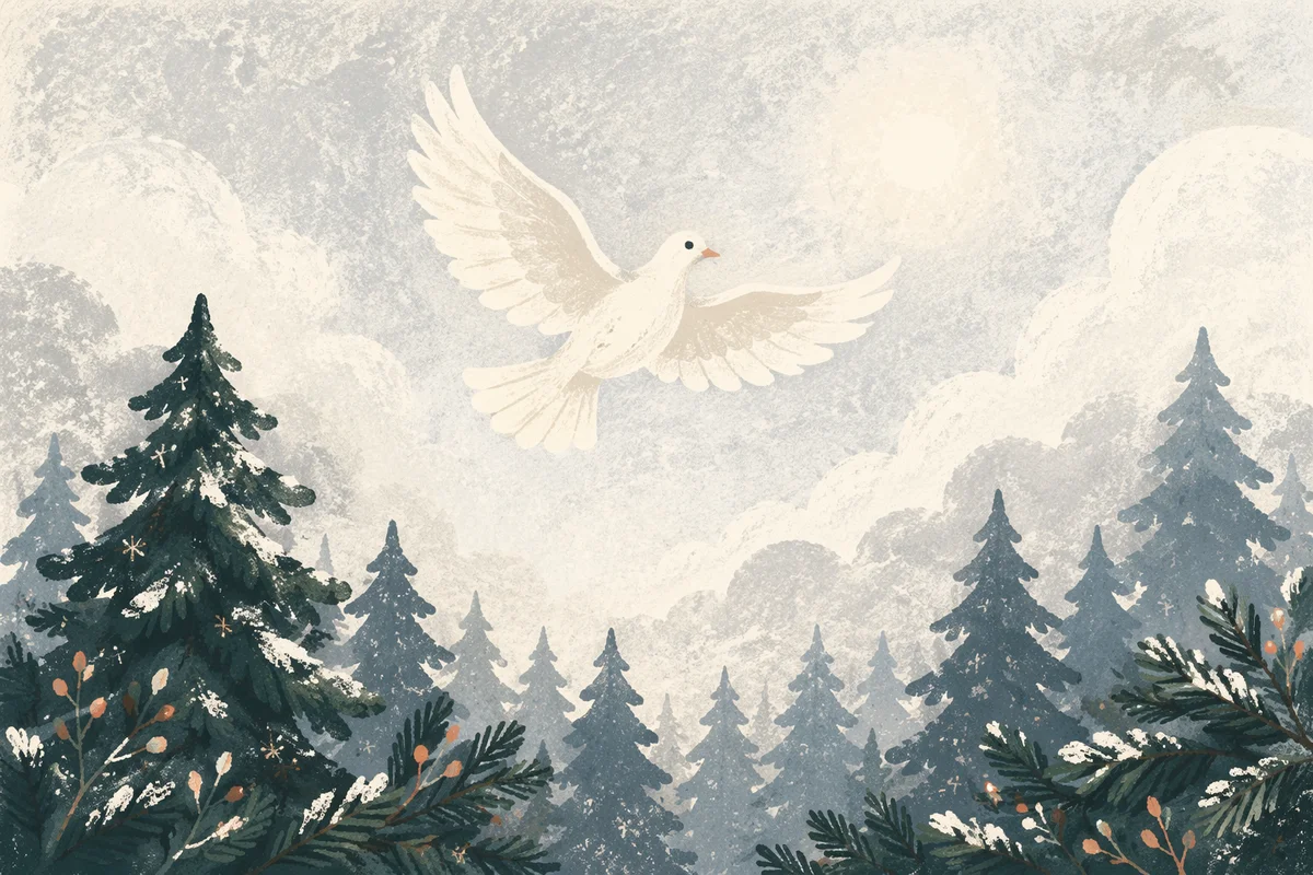 White Dove Above Snowy Evergreen Grove