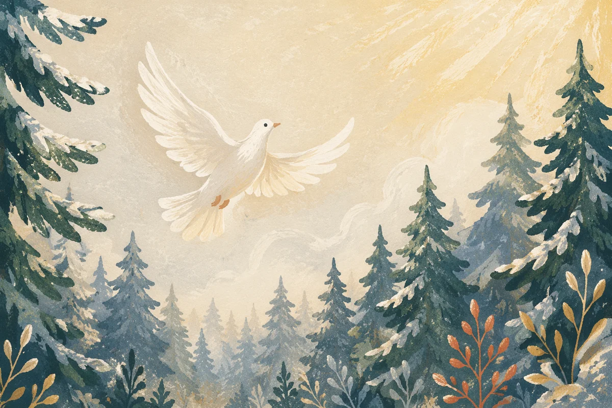 White Dove Over Evergreen Winter Clearing