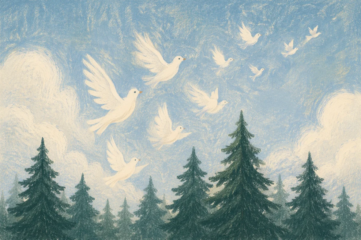 White Doves Rising Above Evergreen Trees