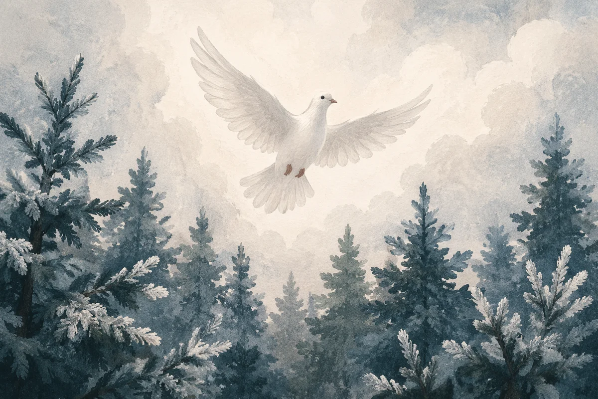 White Dove Above Evergreen Pines