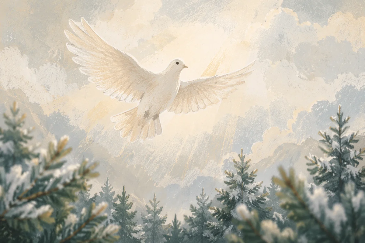 White Dove Above Frosted Evergreen Forest