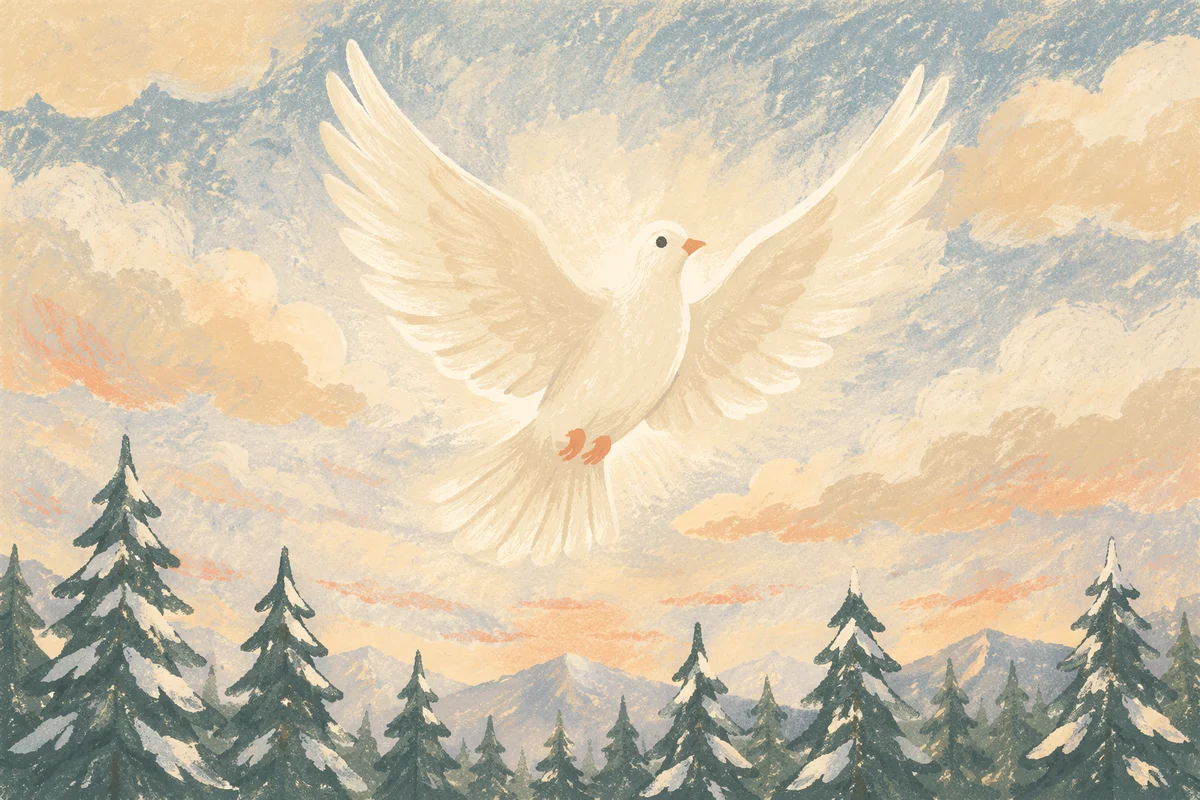 White Dove Rising Over Snowy Evergreens