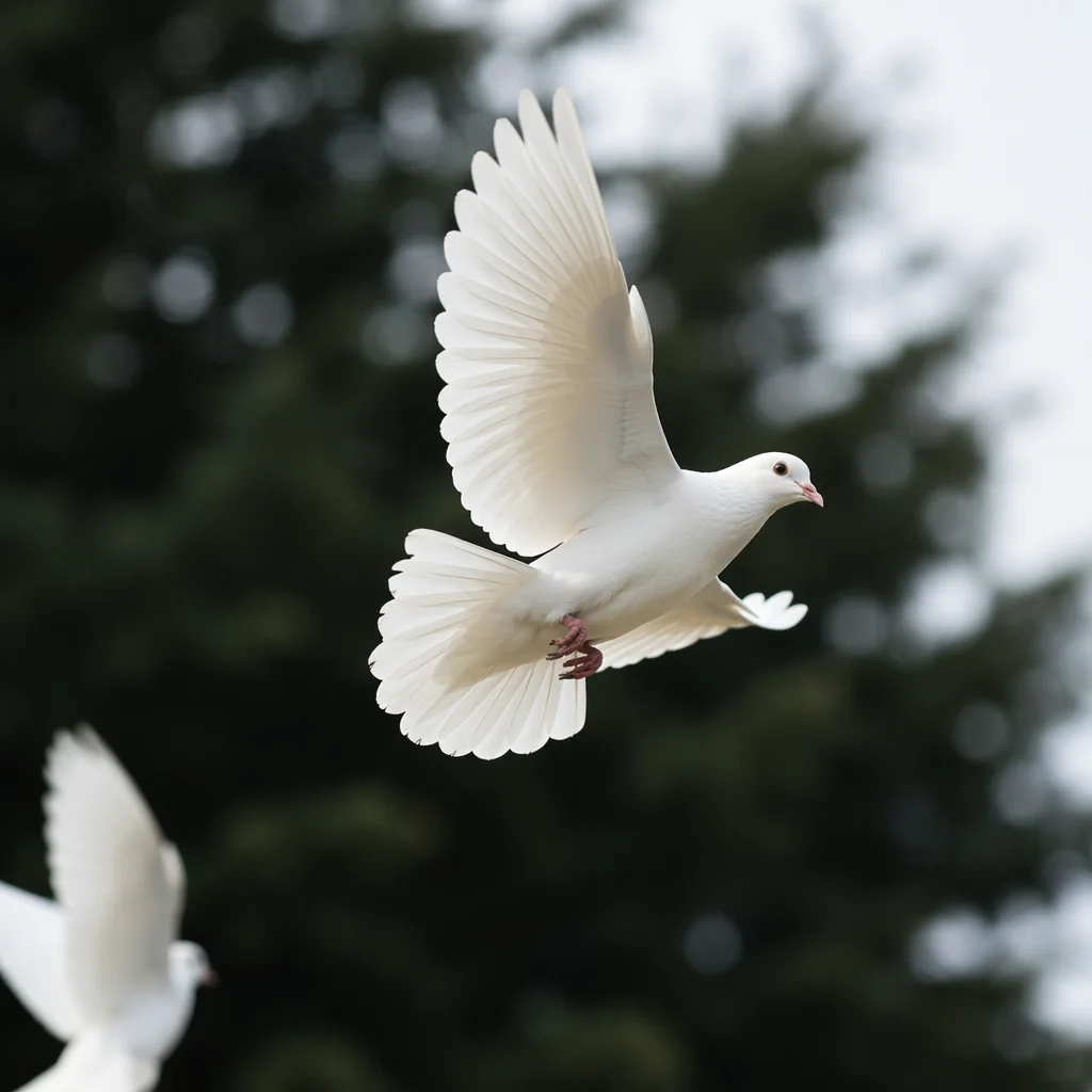 White Dove Flying Through Evergreen Light