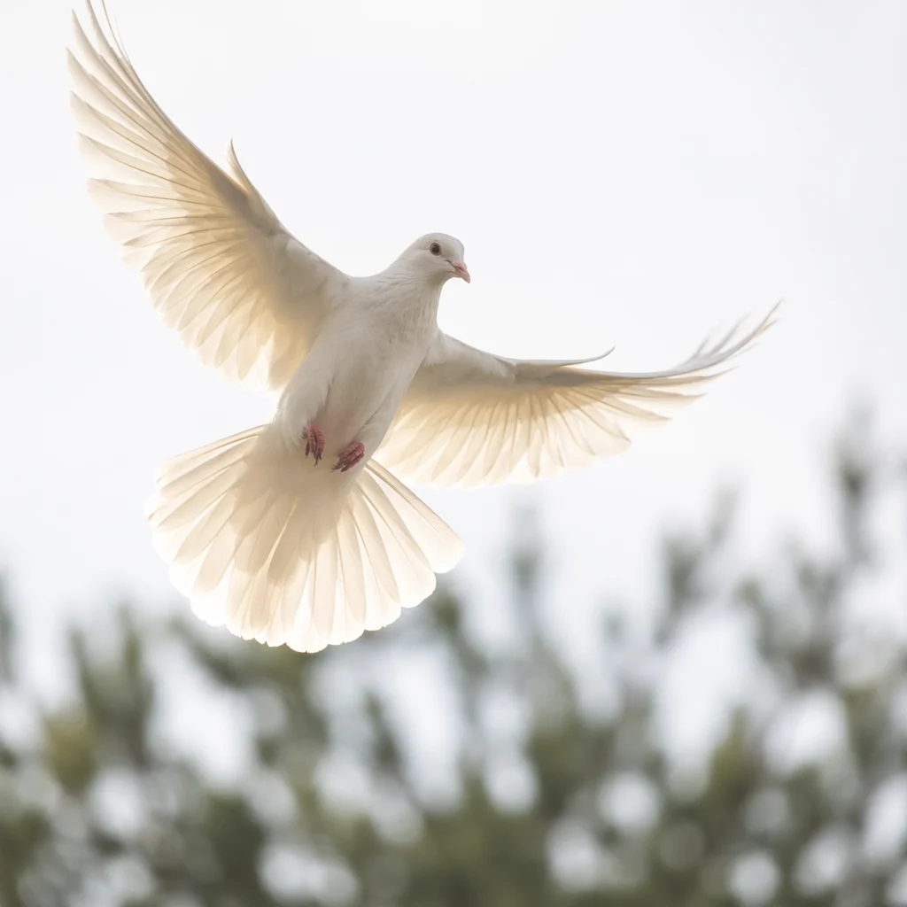 White Dove Soaring Through Luminous Sky