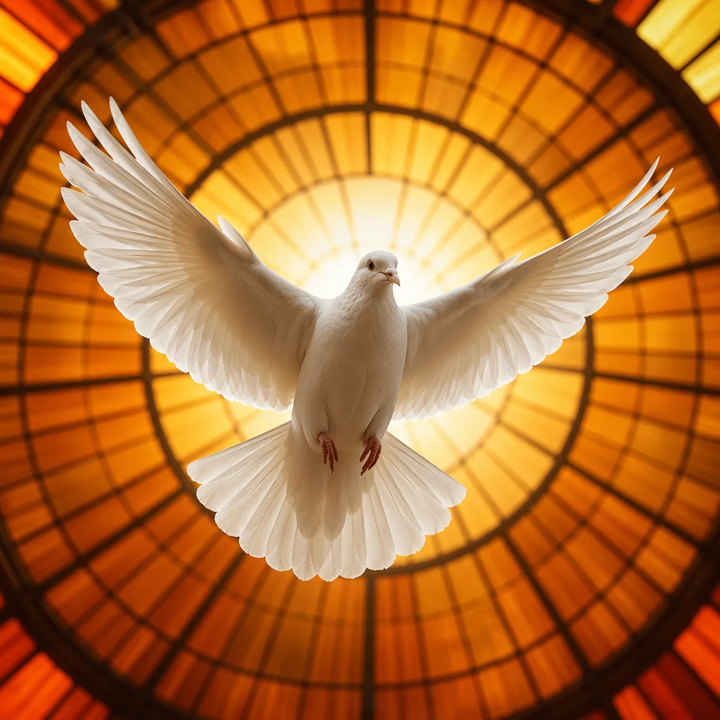 White Dove Before Golden Stained Glass