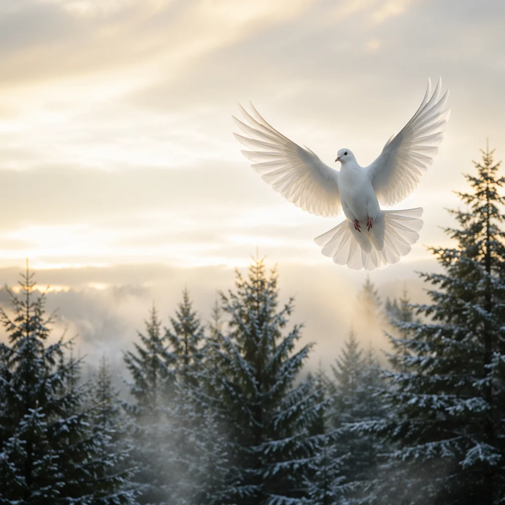 White Dove Rising Over Evergreen Pines