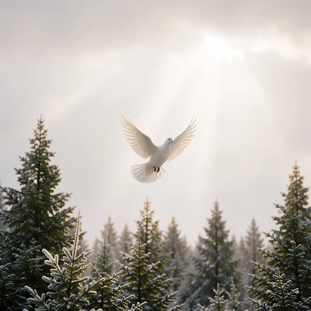 White Dove Over Frosted Evergreen Forest