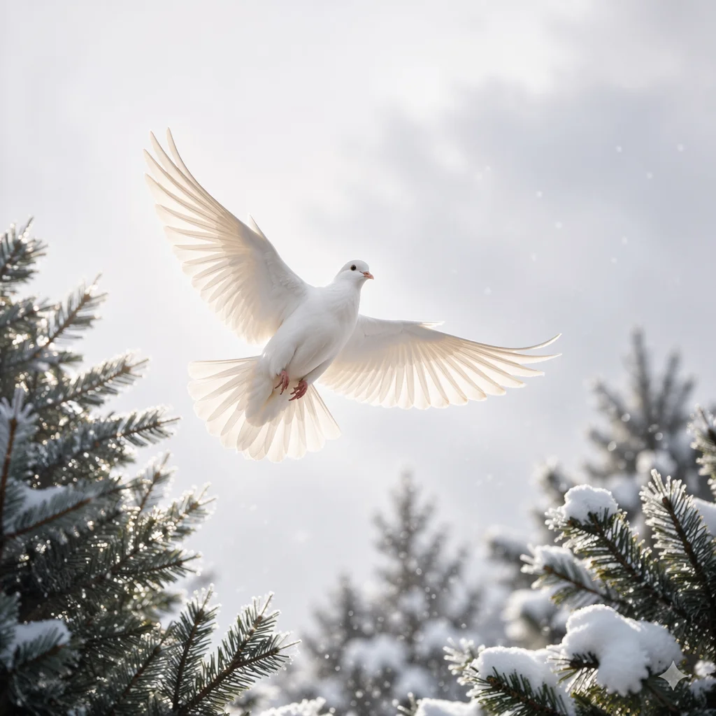 White Dove Rising Above Snowy Evergreens
