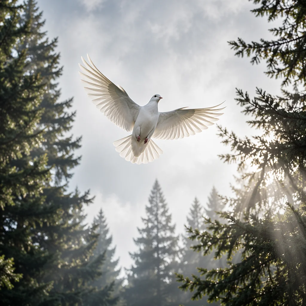 White Dove Rising Through Evergreen Light