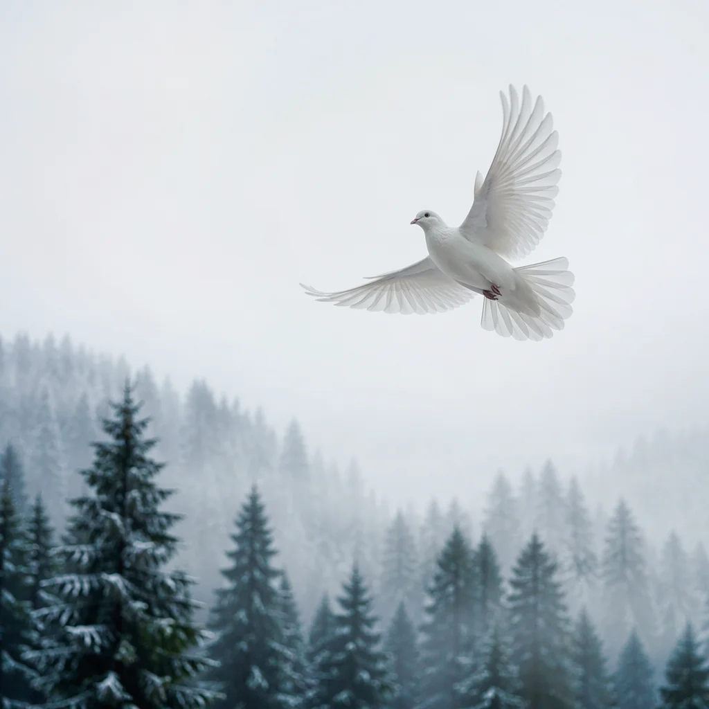 White Dove Over Misty Evergreen Forest