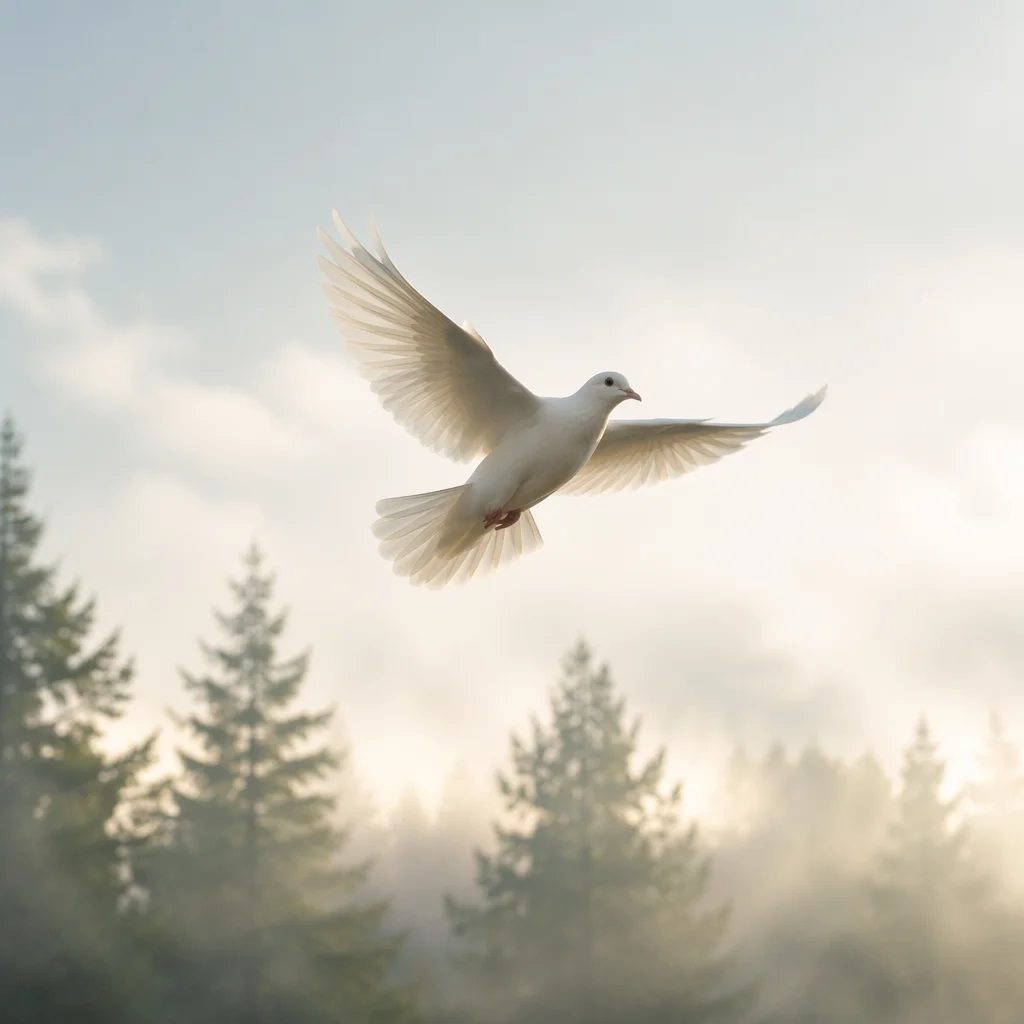 White Dove Ascending Above Evergreen Mist